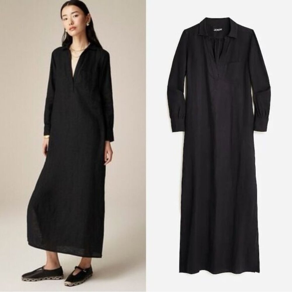 J. Crew Bungalow Maxi Black Caftan Linen Shirt Dress Size XS